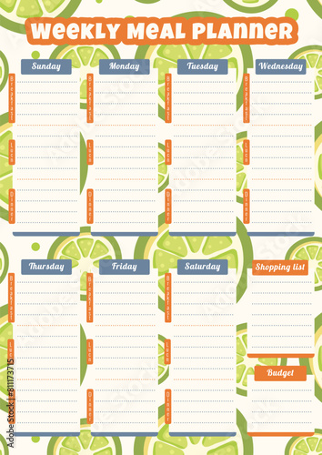 Weekly meal planner. Vector template with limes pattern background