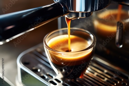 A Preparation of espresso coffee by using coffee machine. Espresso pouring from coffee machine. Close-up of espresso pouring from coffee machine. Professional coffee brewing.