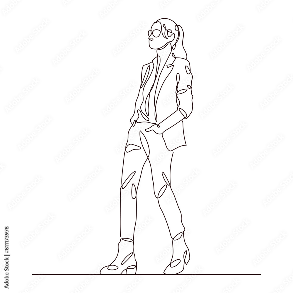 Fototapeta premium Hand drawn girl walking in a jacket and sunglasses one line drawing