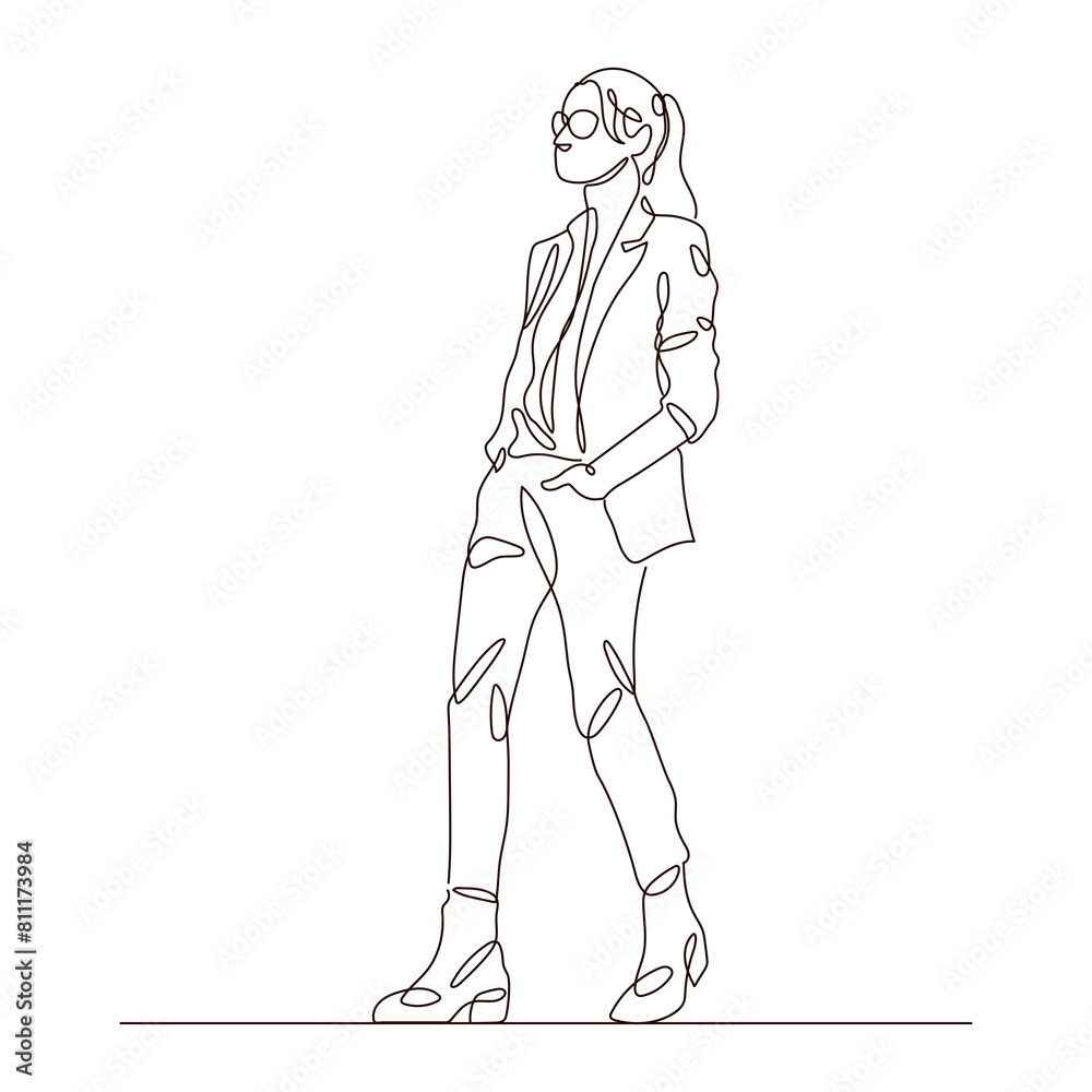 Hand drawn girl walking in a jacket and sunglasses one line drawing