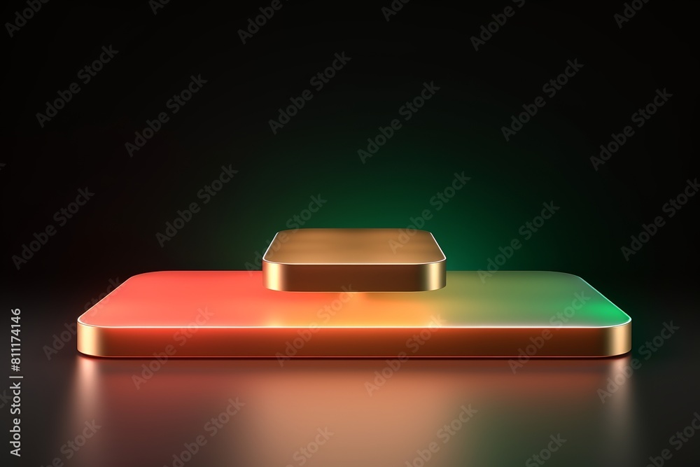 3d rendering of a glowing golden podium with red and green neon lights reflecting on the surface. 3d rendering of a glowing golden podium with red and green neon lights reflecting on the surface.