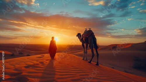 A solitary figure, accompanied by a sturdy camel companion, traversing the vast and unforgiving desert landscape photo