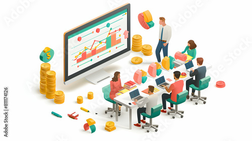 Financial Educator Leading Workshops Teaching Personal Finance Management and Investment Strategies in Isometric Scene 3D Simple Business Flat Illustration