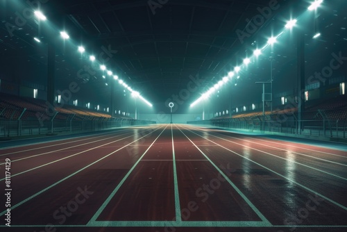 An empty track in a stadium at night. Suitable for sports events promotions