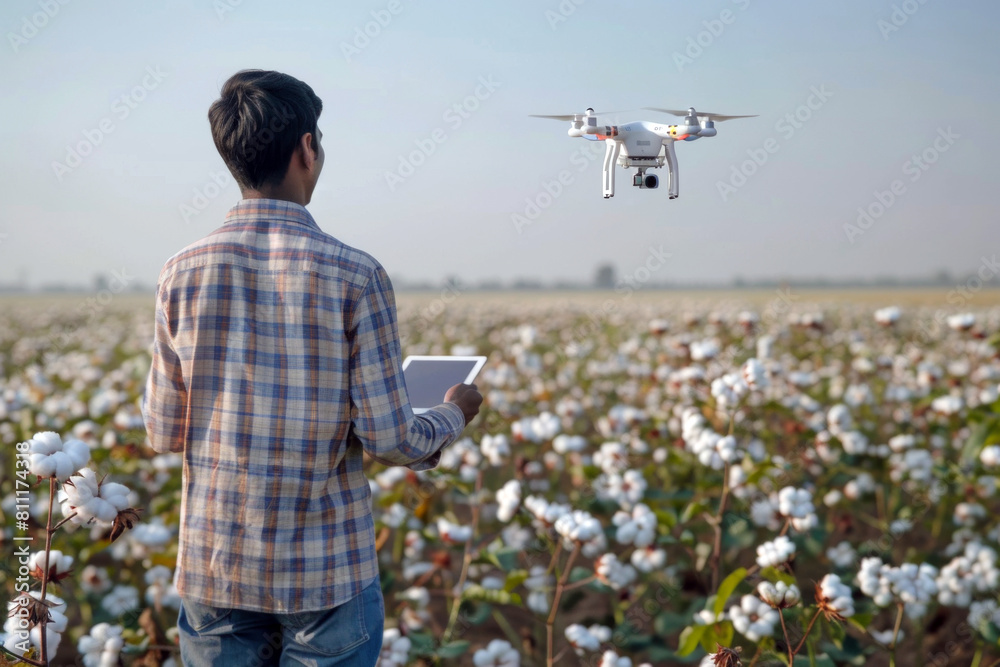 Indian farmer controls drone in cotton field. Smart modern agricultural practices with technology and machinery