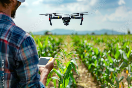 Farmer controls drone in corn field. Smart modern agricultural practices with technology and machinery