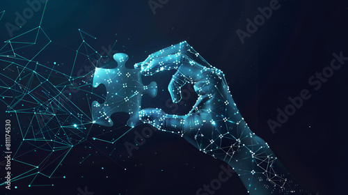 Abstract hand-holding jigsaw puzzle hologram in futuristic light blue style, generative Ai