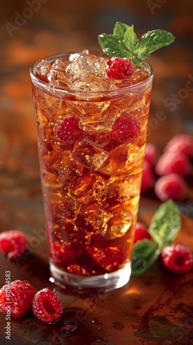 iced tea with raspberries in a transparent glass. ai generated