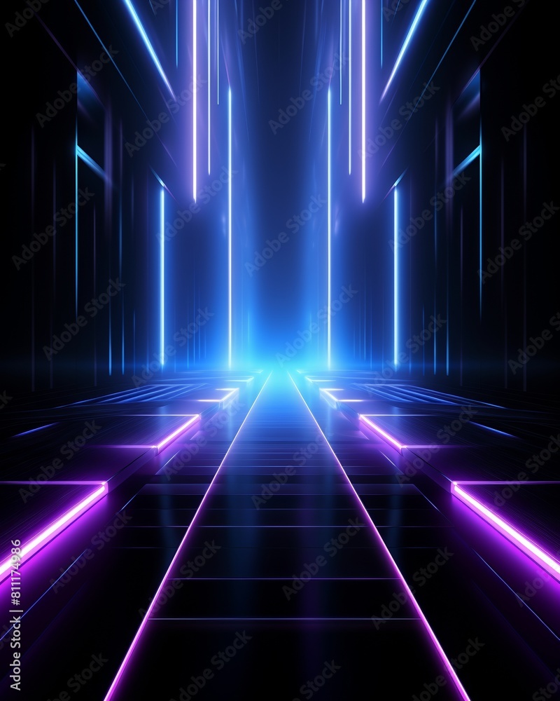 A dark room with bright glowing blue and purple neon lights. A dark room with bright glowing blue and purple neon lights.