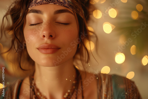 Close up portrait of young pretty woman sits with her eyes closed relaxingly praying, meditating in the room, mental health and relaxation concept	
 photo