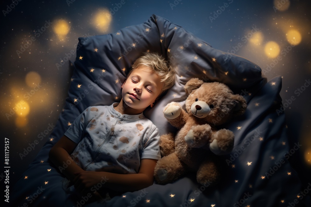 Cute little boy sleeps tight with teddy bears in comfortable bed at night. Adorable toddler kid with stuffed toys and pillows naps in bedroom. Healthy child rests after active day in children room Cute little boy sleeps tight with teddy bears in comfortable bed at night. Adorable toddler kid with stuffed toys and pillows naps in bedroom. Healthy child rests after active day in children room