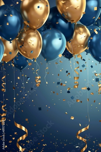 A festive celebration with golden and blue balloons amidst sparkling confetti and streamers