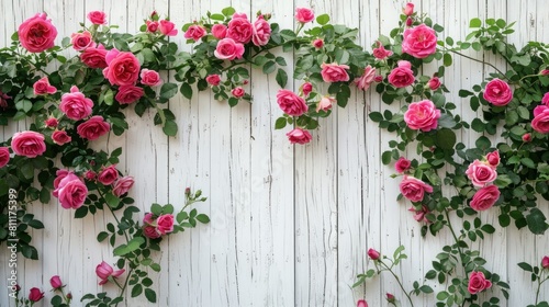 Rose flowers set against a backdrop of white wooden surface