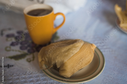 Delicious bread tamale, accompanied by tamarind atole, typical food from Uruapan, Michoacan, Mexico. photo