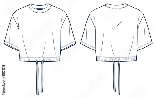 Cropped T-Shirt technical fashion Illustration. Drawstring Crop Top fashion flat tehnical drawing template, round neck, front and back view, white, women, men, unisex Top CAD mockup.