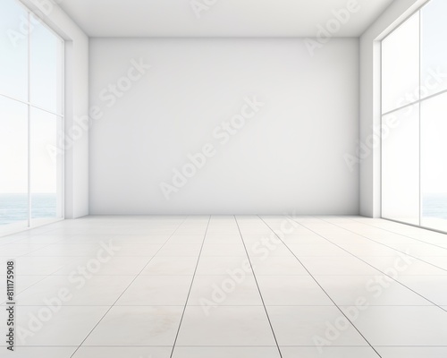 An empty room with white walls and tiled floor  large windows looking out onto the ocean.