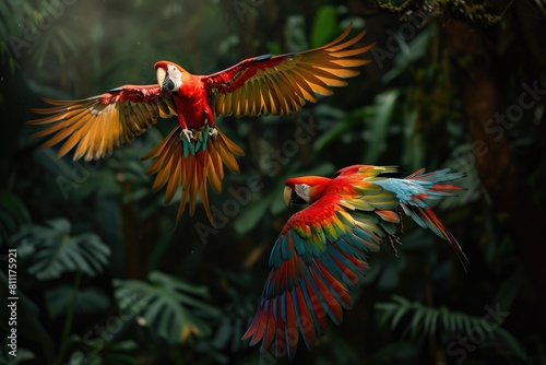 Enchanted Flight: Arara Harmony in Rainforest Realm © Luba