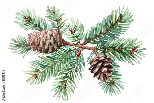 A realistic watercolor painting of a pine tree branch with cones. Suitable for nature-themed designs