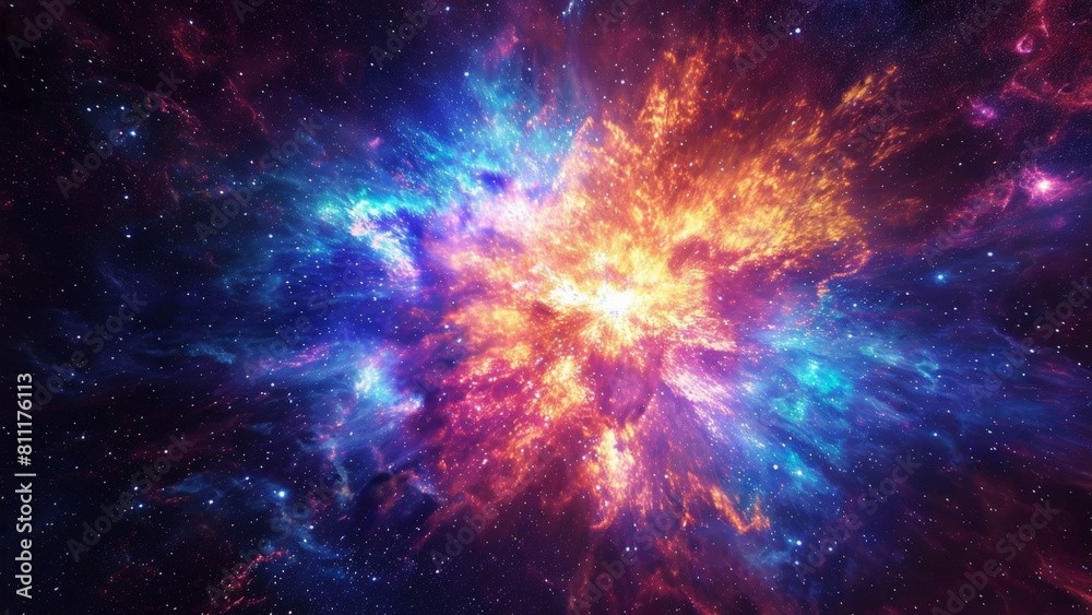 Space wallpaper featuring a vibrant cosmic explosion with radiant colors in deep space, depicting a nebula or supernova. Space wallpaper featuring a vibrant cosmic explosion with radiant colors in deep space, depicting a nebula or supernova.