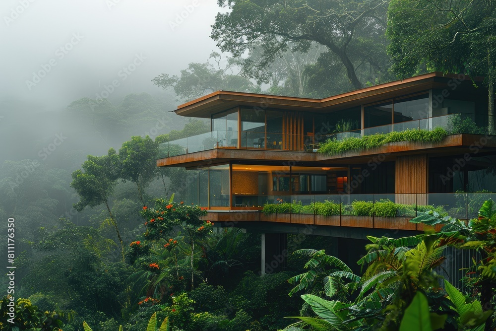 Contemporary residence surrounded by lush rainforest environment Contemporary residence surrounded by lush rainforest environment