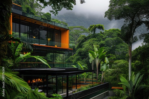 Luxury home engulfed by tropical rainforest ambiance