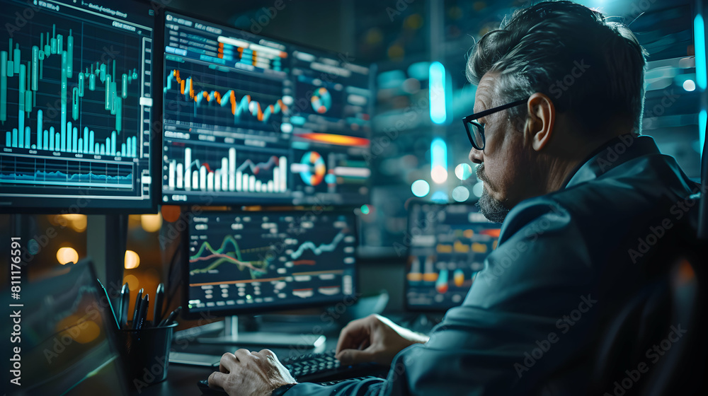 Market Analyst Analyzing Complex Data Charts for Trend Forecast and Market Strategy Advice Conceptual Photo Realistic Image Market Analyst Analyzing Complex Data Charts for Trend Forecast and Market Strategy Advice Conceptual Photo Realistic Image