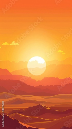Sun landscape in flat design, front view, desert theme, animation, vivid