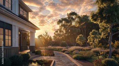 Artistic view of a Craftsman house in the morning light, focusing on landscaped path. photo