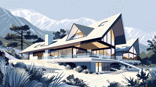 Illustration of a modern house with angular design, nestled among mountains. photo