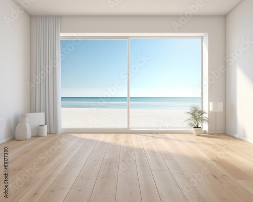 a bright and airy room with a large glass door that looks out onto a beach