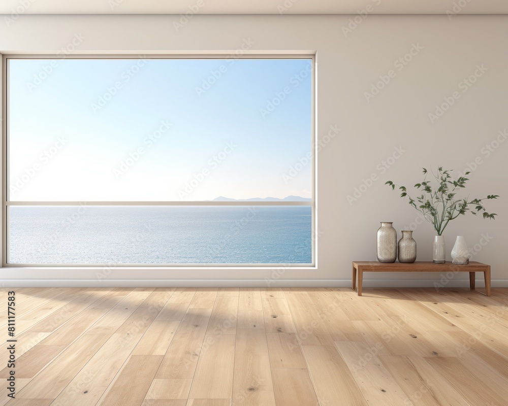 Fototapeta premium a bright and airy room with a large window looking out onto the ocean