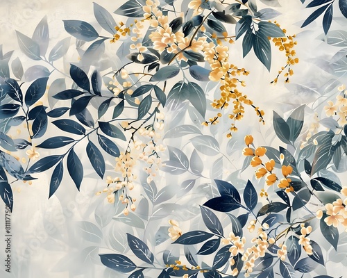 Chinoiserie Fabric Design Delicate Botanical Motifs and Geometric Elements Echoing Antique Chinese photo