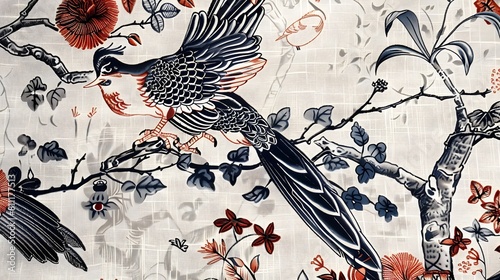 ChineseInspired Fabric Pattern A Harmonious Blend of Flora Fauna and Timeless Motifs on Linen Texture photo