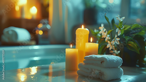 A bathtub with candles and a stack of white towels