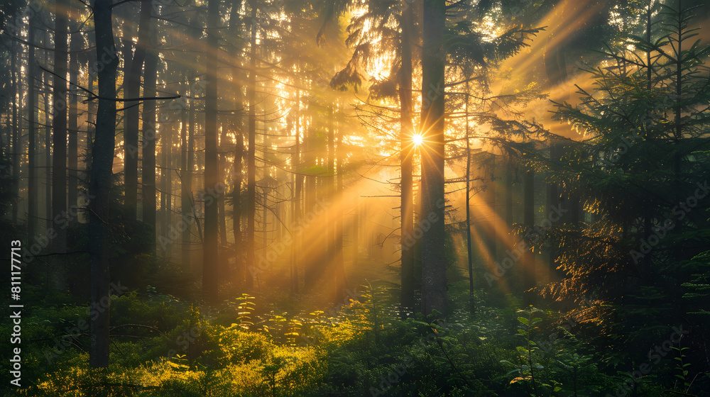 The sun is shining through the trees, casting a warm glow on the forest floor The sun is shining through the trees, casting a warm glow on the forest floor