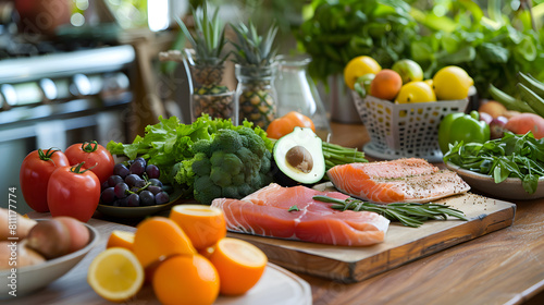 A table full of fruits and vegetables  including fish  broccoli  tomatoes  and oranges 