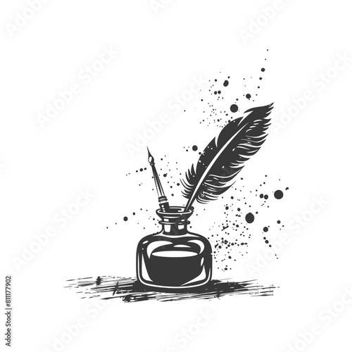 Silhouette Scroll paper and quill in inkwell black color only