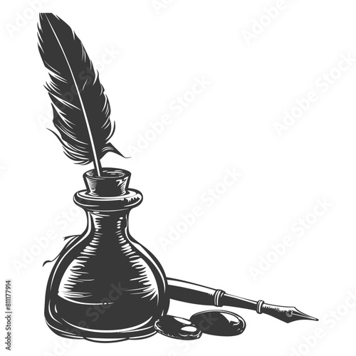 Silhouette Scroll paper and quill in inkwell black color only