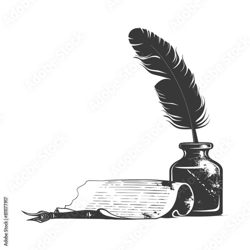 Silhouette Scroll paper and quill in inkwell black color only