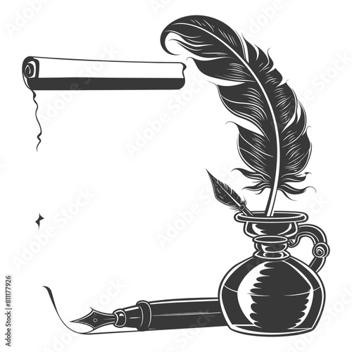 Silhouette Scroll paper and quill in inkwell black color only