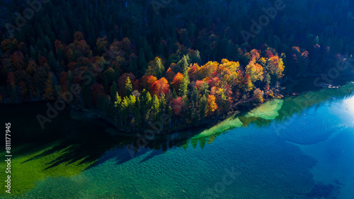 Aerial View of Almsee in Upper Austria  Scenic Landscape with Vibrant Autumn Colors and Crystal Clear Waters