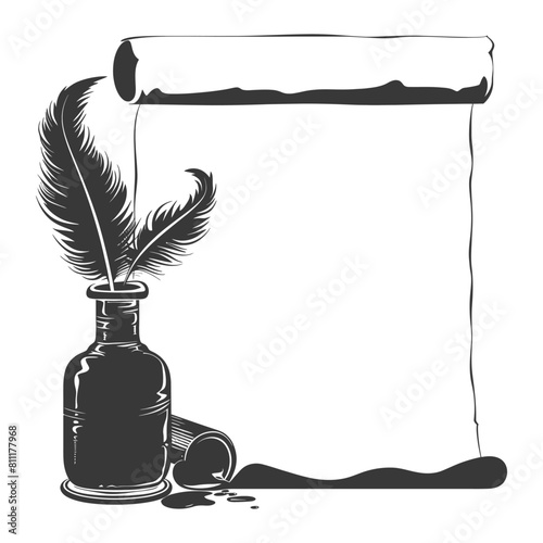 Silhouette Scroll paper and quill in inkwell black color only