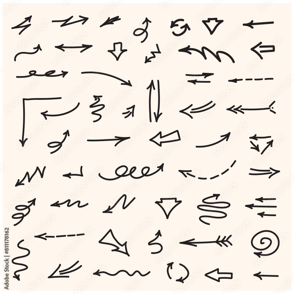 Vector set of hand-drawn arrows with style doodle and line art Vector set of hand-drawn arrows with style doodle and line art