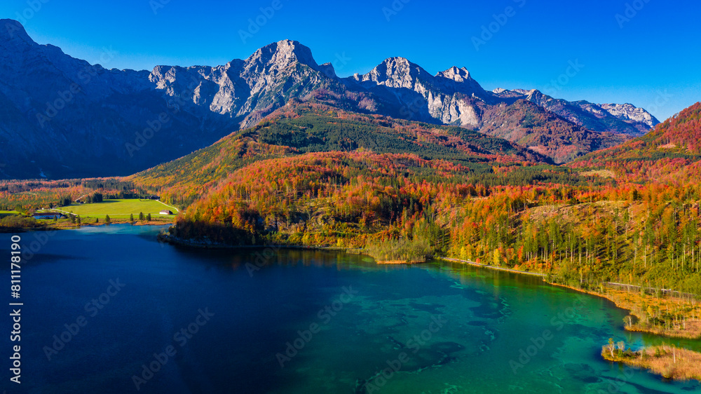 Aerial View of Almsee in Upper Austria, Scenic Landscape with Vibrant Autumn Colors and Crystal Clear Waters