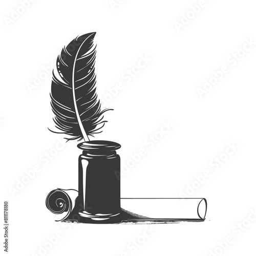Silhouette Scroll paper and quill in inkwell black color only