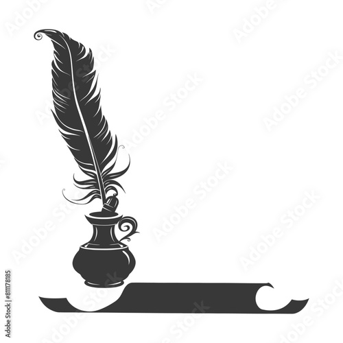 Silhouette Scroll paper and quill in inkwell black color only
