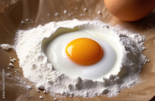 Fresh egg cracked open onto a mound of flour, yolk vibrant and centered