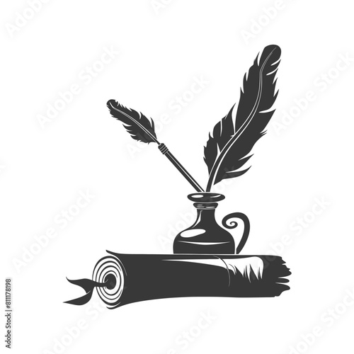 Silhouette Scroll paper and quill in inkwell black color only