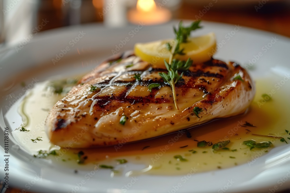 Chicken steak, elegantly presented on a fine porcelain plate. The tender chicken breast, perfectly seasoned and grilled to perfection, glistens under the soft glow of candlelight. Chicken steak, elegantly presented on a fine porcelain plate. The tender chicken breast, perfectly seasoned and grilled to perfection, glistens under the soft glow of candlelight.