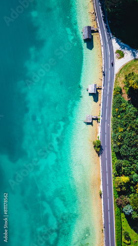 Aerial View of Coastal Road and Turquoise Waters at Attersee in Upper Austria, Scenic Alpine Lake Landscape